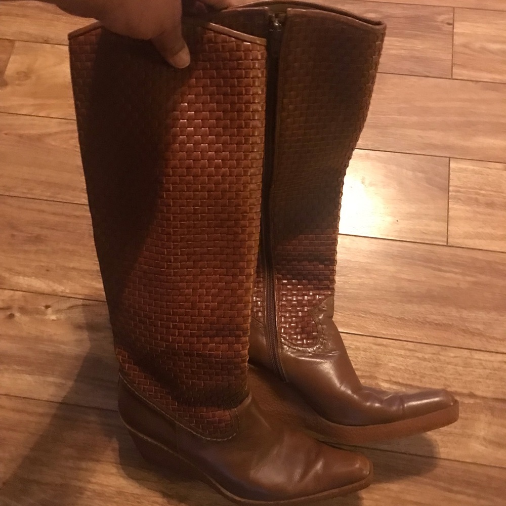 Stuart Weitzman Vintage Woven Leather Knee High Wedge Boots